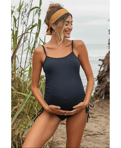 Pinkblush Maternity Navy Ribbed Side Tie One-Piece Swimsuit