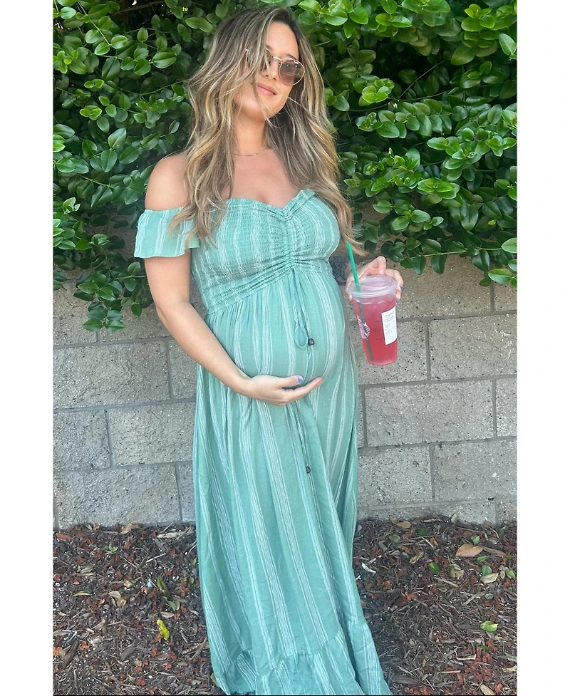 Pinkblush Maternity Green Striped Off Shoulder Front Tie Maxi Dress