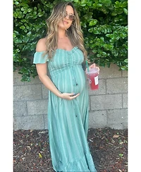 Pinkblush Maternity Green Striped Off Shoulder Front Tie Maxi Dress