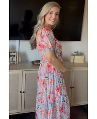 Pinkblush Maternity Blue Floral Smocked Square Neck Tiered Maxi Dress