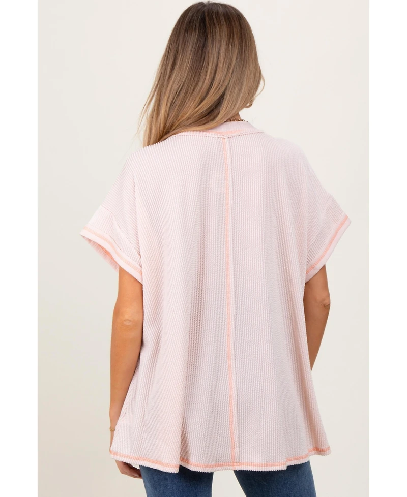 Pinkblush Maternity Peach Striped Ribbed V-Neck Oversized Short Sleeve Top