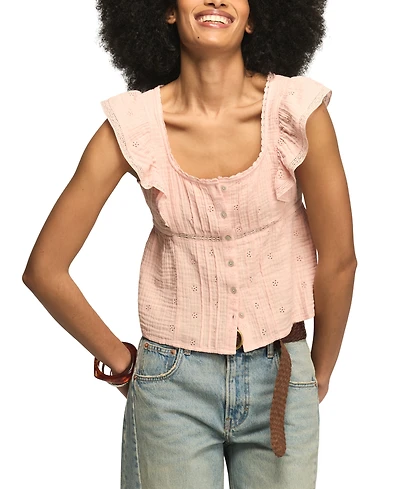 Lucky Brand Women's Embroidered Cotton Babydoll Top