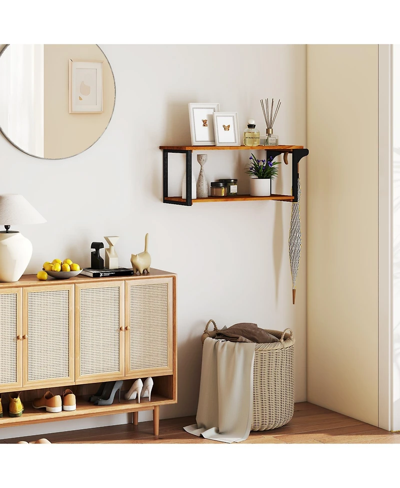 sumyeg Teak Wood Wall Mounted Floating Shelves with Integrated Towel Bar