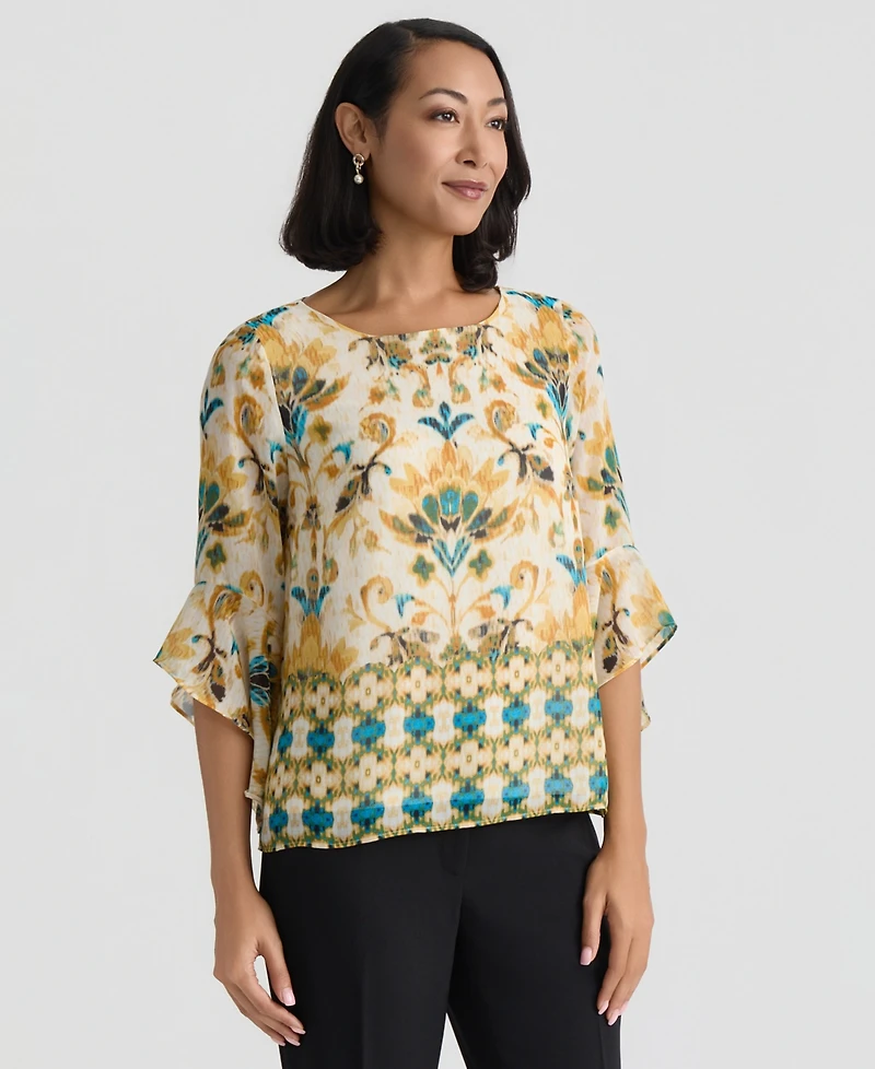 Kasper Women's Printed Ruffled-Sleeve Blouse