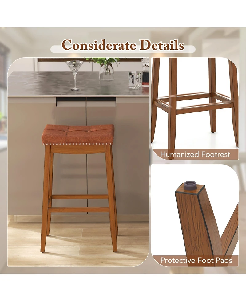 Sugift 29 Inch Set of 2 Upholstered Pu Leather Bar Stools with Saddle Seat