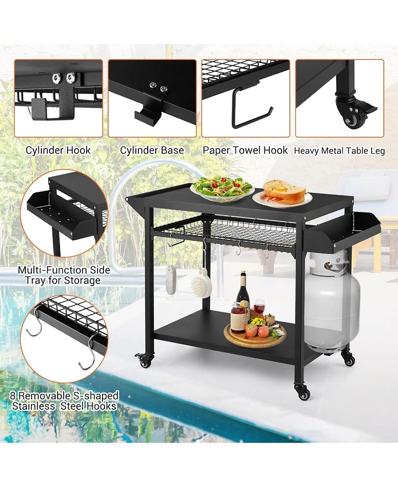 Xo Outdoor Rolling Bbq Grill Cart, 2-Tier Metal Prep Table, Lockable Wheels, Side Mesh Shelf for Patio Backyard