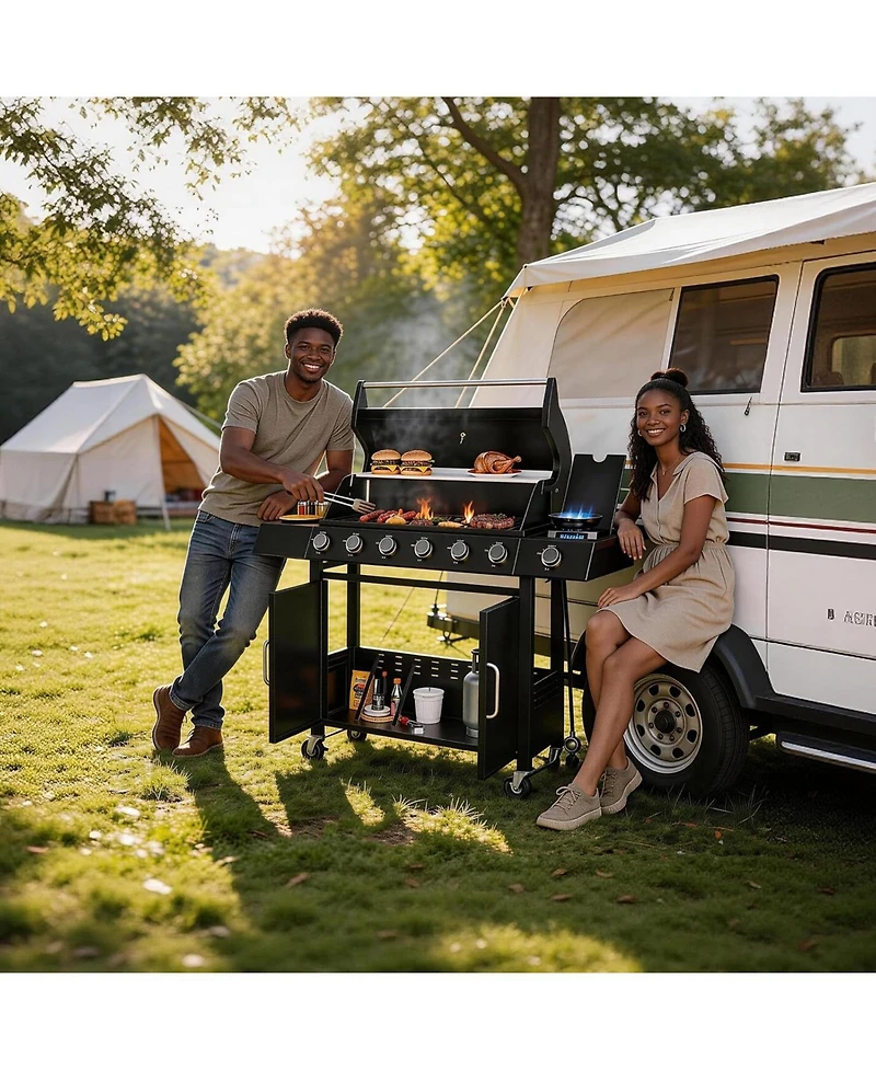 Xo 6-Burner Propane Gas Grill with Side Burner, Cast Iron Grates, Cabinet for Patio Backyard Bbq