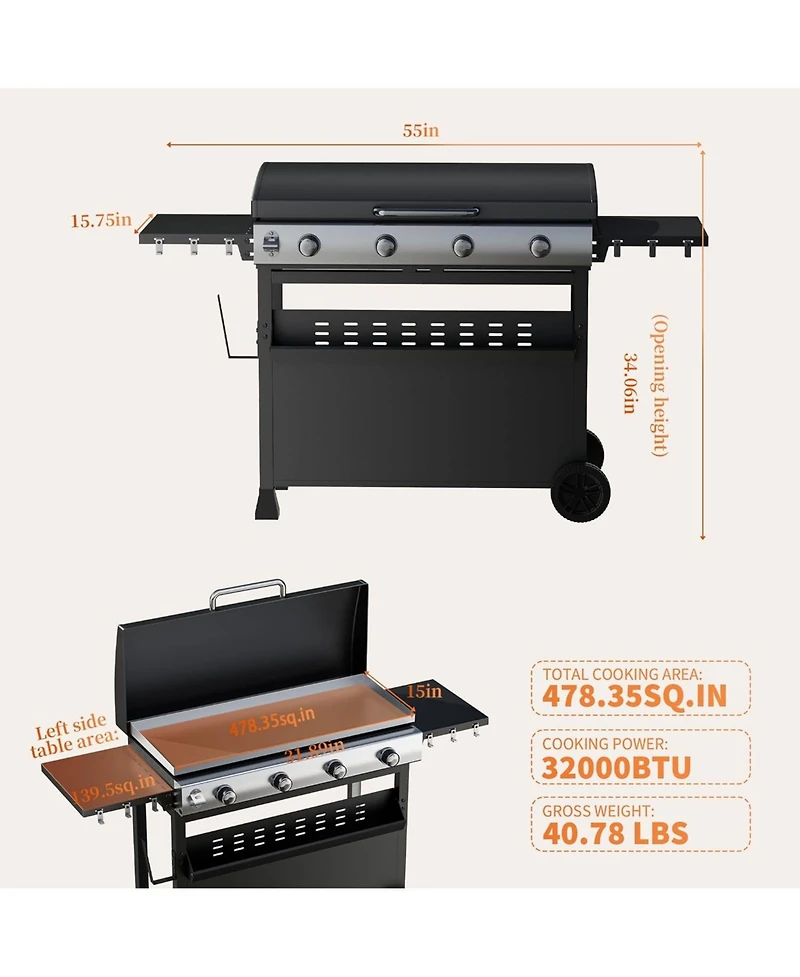 Xo 4-Burner Propane Gas Grill, 32,000 Btu Bbq with Wheels, Side Shelves for Camping Patio