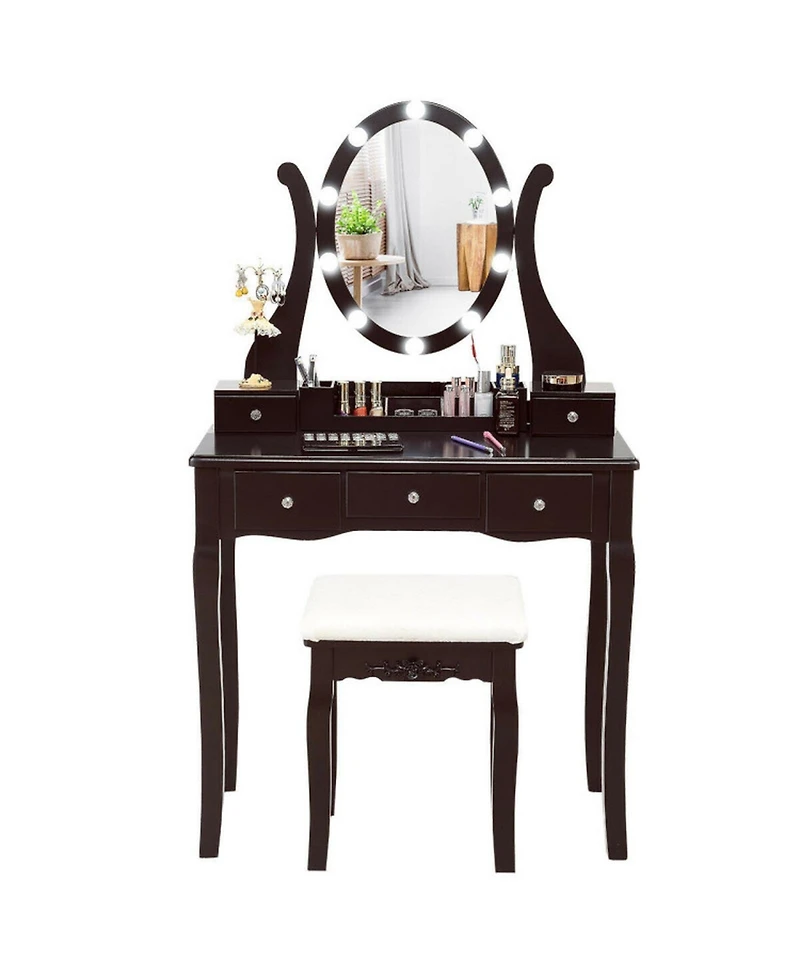 Gouun Dimmable Led Vanity Table Set with Cushioned Stool, 5 Drawers and 360-Degree Mirror