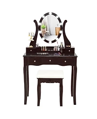 Gouun Dimmable Led Vanity Table Set with Cushioned Stool, 5 Drawers and 360-Degree Mirror