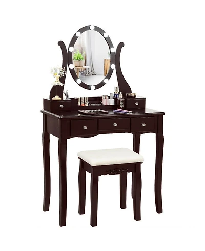 Gouun Dimmable Led Vanity Table Set with Cushioned Stool, 5 Drawers and 360-Degree Mirror
