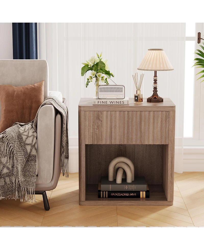 homfan Set of 2 Minimalist Nightstands with Drawer and Storage Shelf, Fluted Panel Modern End Table for Living Room and Bedroom