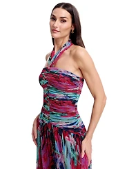 Dress the Population Women's Printed Halter Neck Ruched Drop Waist Gown