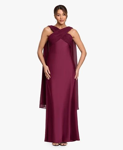Betsy & Adam Petite Criss Cross Halter Neck Chiffon Cape Ball Gown