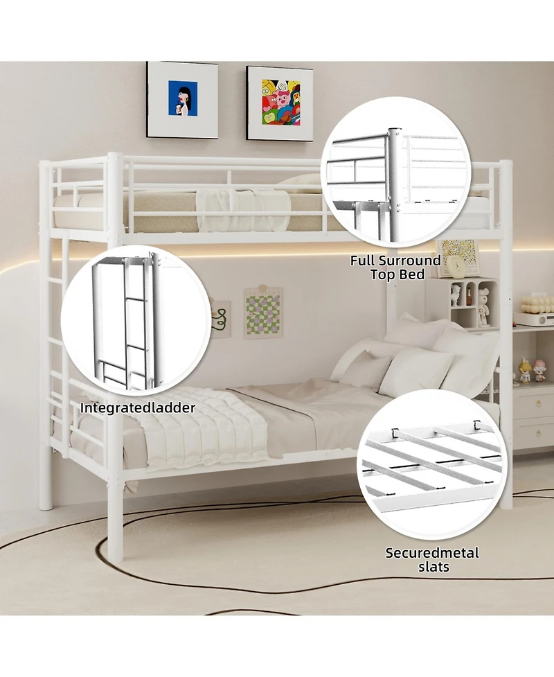 Rainsken Metal Bunk Bed Twin Over Twin, Structure Bedframe, with Ladder and Full-Length Guardrail, Noise Free, No Spring Box Required