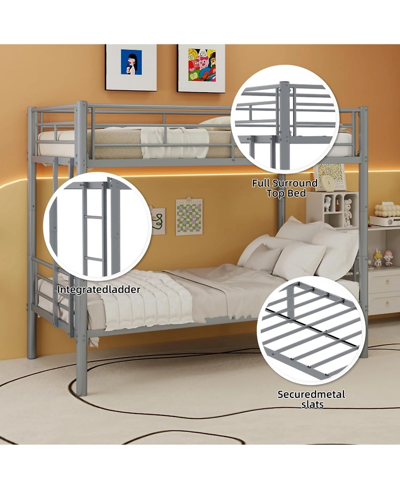 Rainsken Metal Bunk Bed Twin Over Twin, Structure Bedframe, with Ladder and Full-Length Guardrail, Noise Free, No Spring Box Required