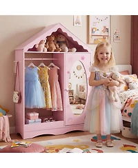 Slickblue Mirror Roof Kids Wardrobe Closet with Open Hanging Rack