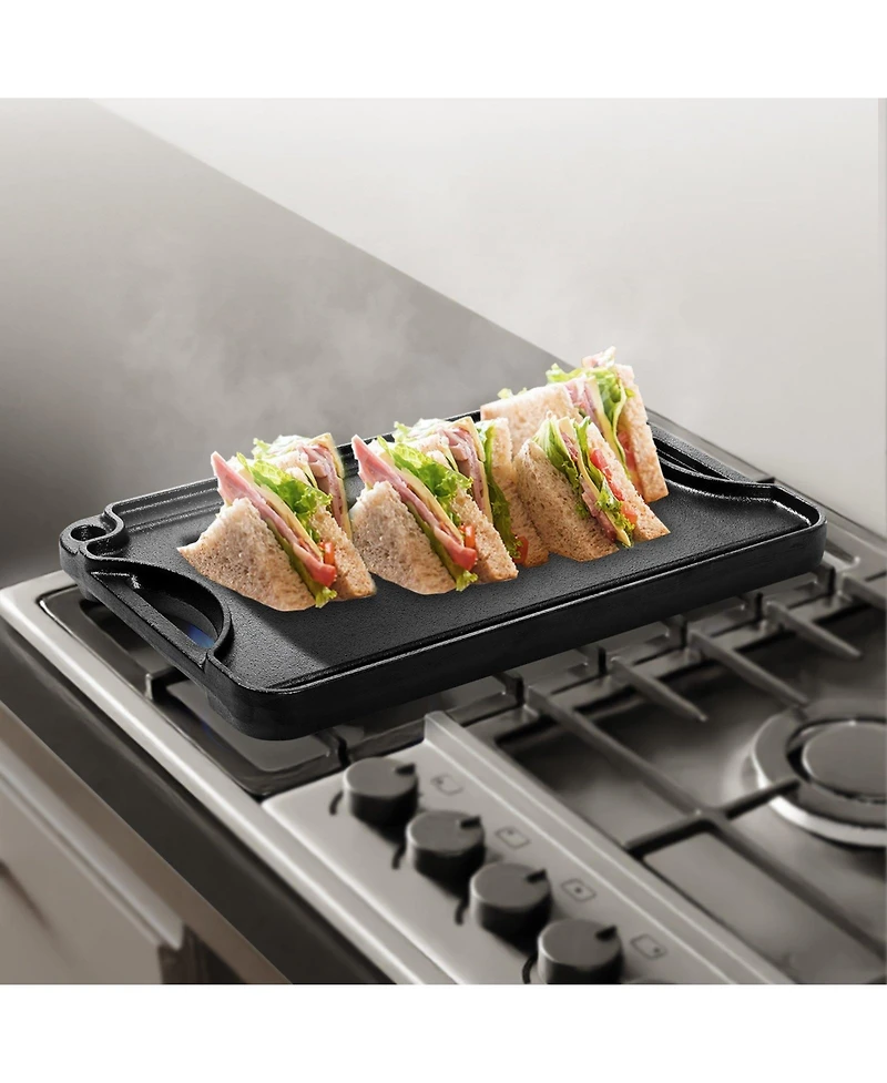Mecale Reversible Cast Iron Grill/Griddle, 14" x 8.5", Pre-Seasoned, Portable Pan with Handle, Indoor/Outdoor