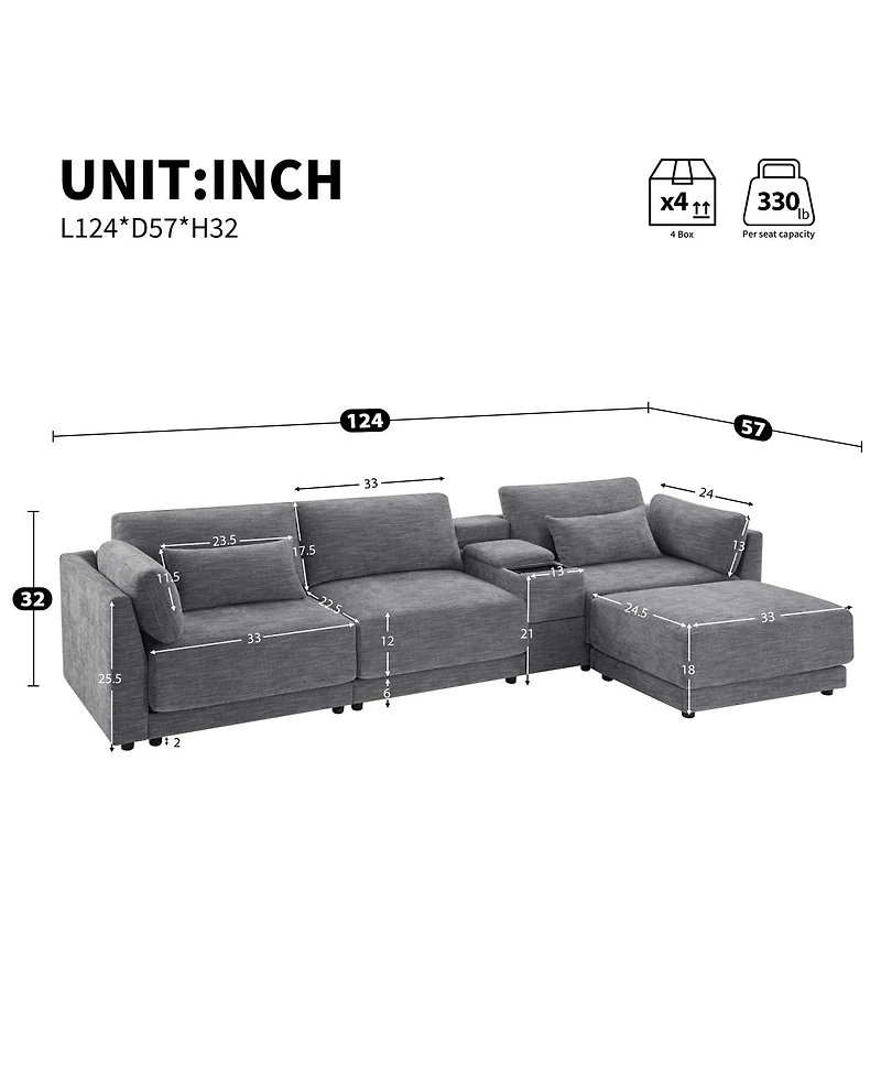Streamdale Furniture L-Shaped Sectional Sofa with Storage Console, Charger, Ottoman, Wider Cushion