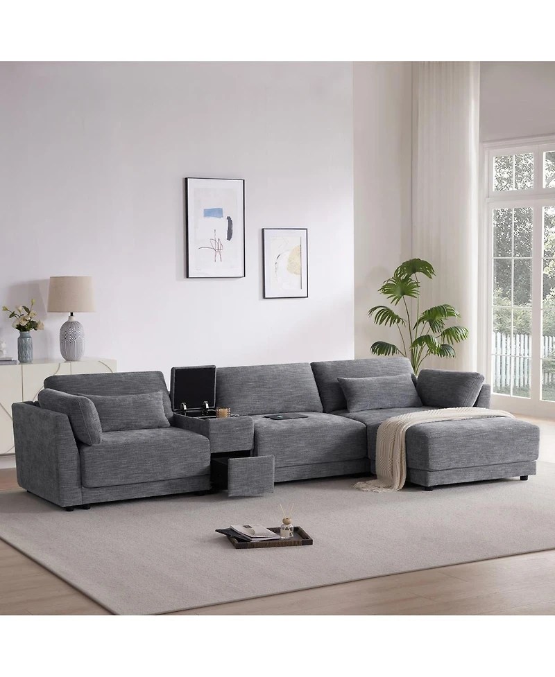 Streamdale Furniture L-Shaped Sectional Sofa with Storage Console, Charger, Ottoman, Wider Cushion