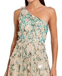 Mac Duggal Women's Floral Embellished Mesh One Shoulder Midi Dress