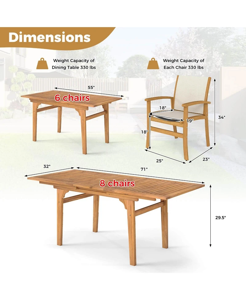 Costway 9Pieces Acacia Wood Outdoor Dining Set with 1.97" Umbrella Hole for Backyard, Garden