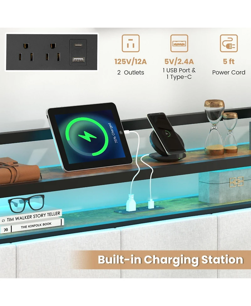 Gymax Full Size Bed Frame Led Light and Charging Station Heavy Duty Metal Platform Bed