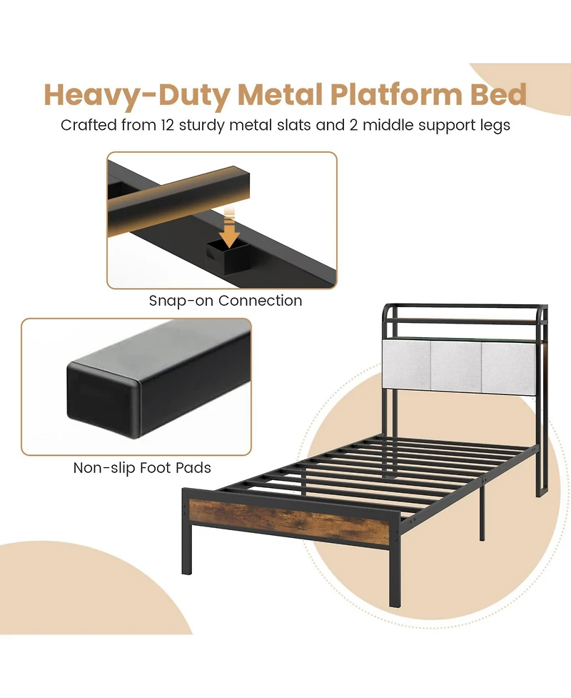 Gymax Twin Size Bed Frame Led Light and Charging Station Heavy Duty Metal Platform Bed