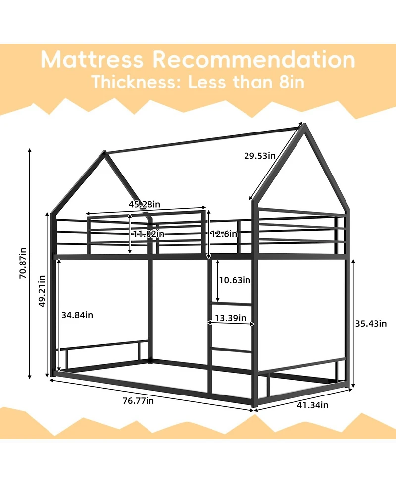 Rainsken Metal Bunk Bed for Kids Twin Over Twin, House Shaped, with Ladder and Full-Length Guardrail, Noise Free, No Spring Box Required