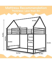Rainsken Metal Bunk Bed for Kids Twin Over Twin, House Shaped, with Ladder and Full-Length Guardrail, Noise Free, No Spring Box Required
