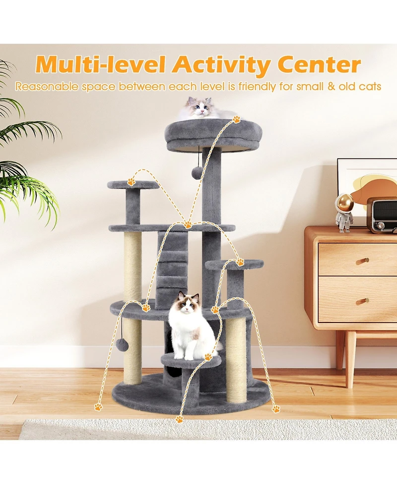 Gymax Cat Tree for Adult Cats Multi-level Kitty Tower With Condo Padded Perch Scratching Posts Plush Dangling Ball Jumping Platforms