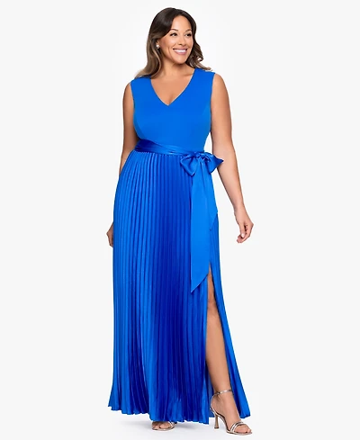 Xscape Plus V-Neck Sleeveless Pleated Gown