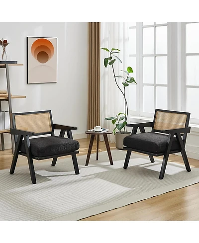 gaomon Mid Century Modern Accent Chair, Comfy Living Room Chairs with Sturdy Wood Legs, Rattan Backrest Thick Linen Cushion