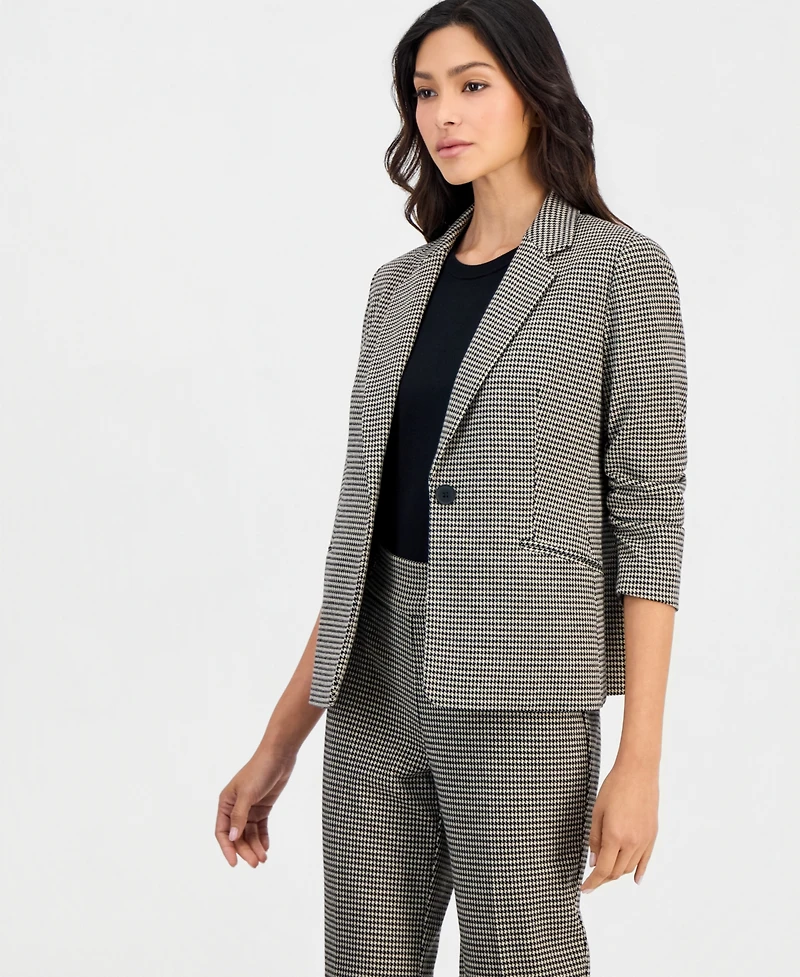 Anne Klein Essentials Petite Houndstooth Scrunch-Sleeve Blazer