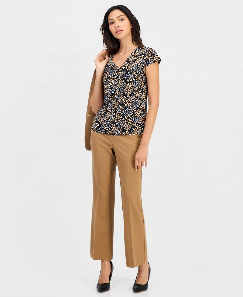 Anne Klein Essentials Printed Pleated-Neck Cap-Sleeve Top