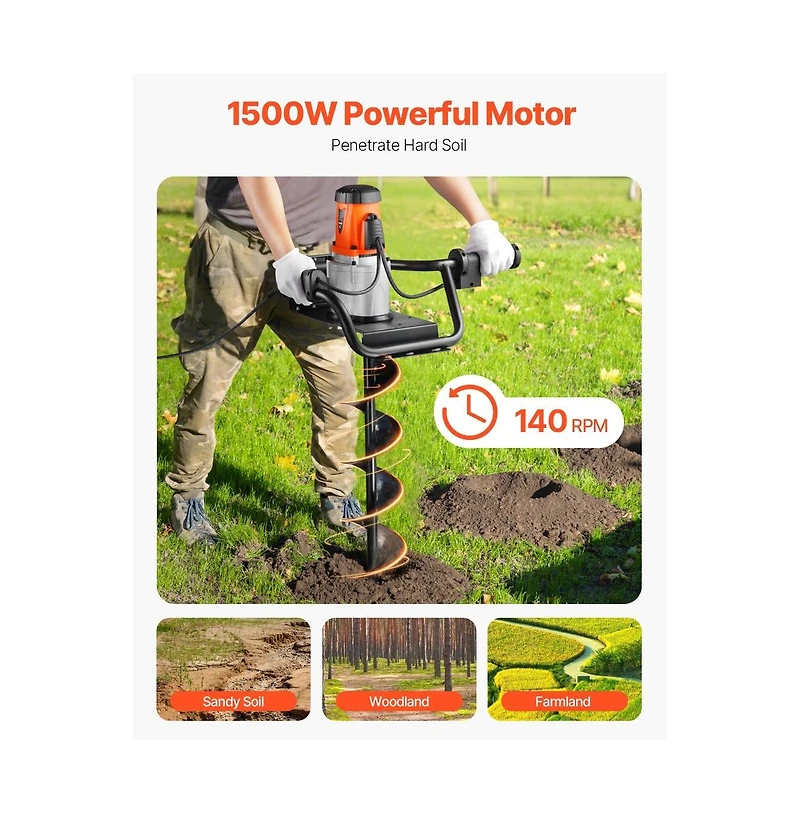 Sugift Electric Post Hole Digger 5.71 in Auger Bit with 1500W Powerful Motor