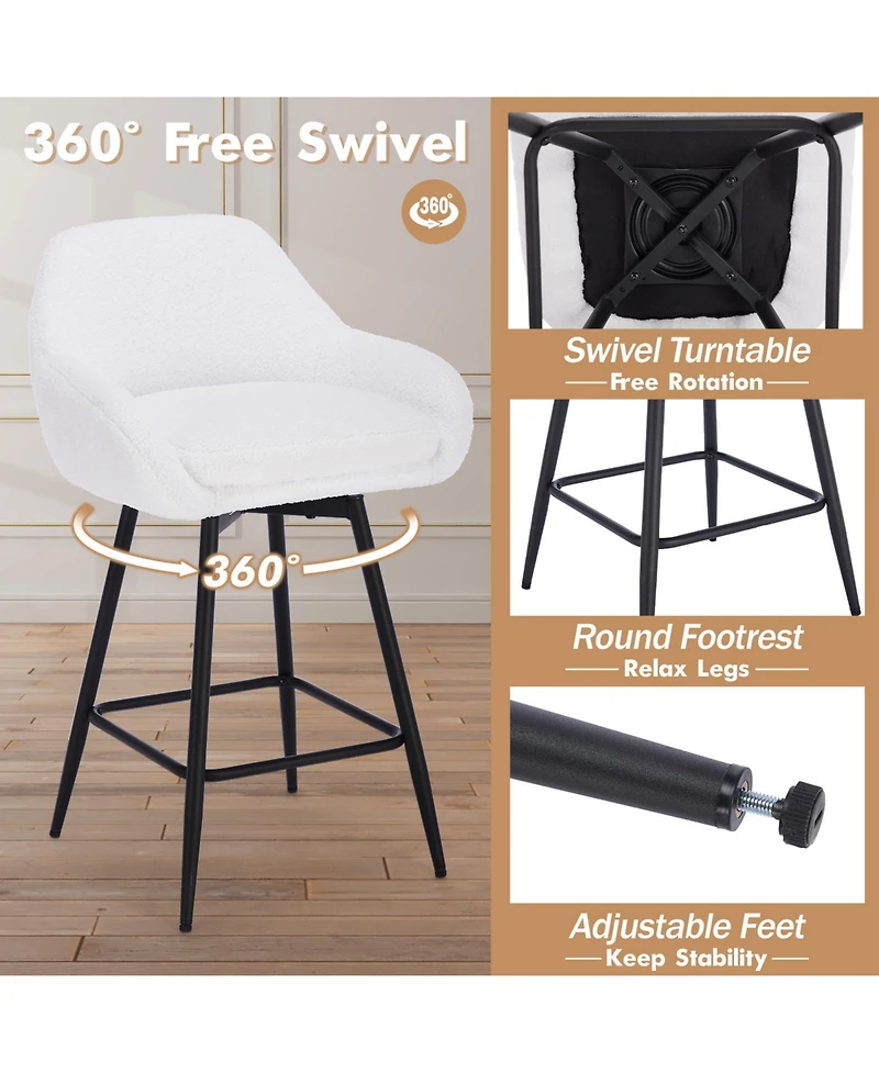 homfan Set of 2 Modern Swivel Bar Stools, Counter Height with Sherpa Fabric Upholstery, Metal Legs and Backrest for Indoor Multi-Scene Use