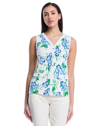 Rafaella Women's Petite Pom Floral Print Button Front Sleeveless Tank Top