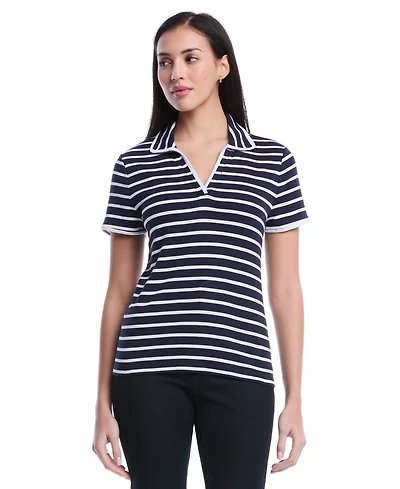 Rafaella Women's Petite Striped Contrast Trim Johnny Collar Short Sleeve Polo Shirt