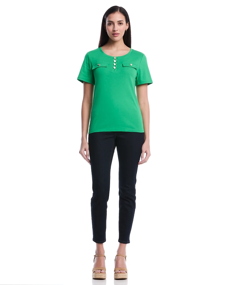 Rafaella Women's Petite Welt Pocket Button Detail Short Sleeve Top