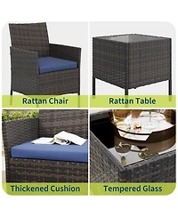 homfan 3-Piece Outdoor Patio Furniture Set with Rattan Wicker Chairs, Glass Top Table and Cushions, Perfect for Porch, Balcony, Backyard, Garden