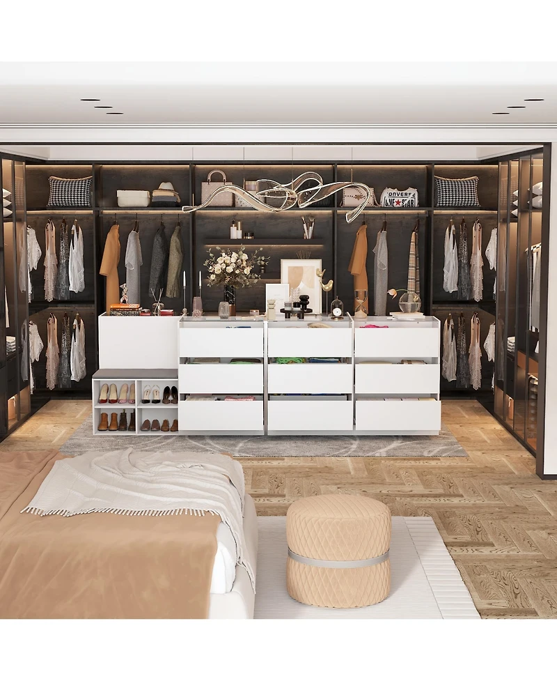 Homsee Modern White Storage Cabinet with Grey Cushion - Tempered Glass Living Room Organizer