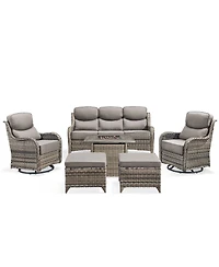 Pocassy Patio Furniture Set with Fire Pit Table, Outdoor Patio Conversation Sets, 6 Pieces 7 Seats Wicker Outside Sectional Sofa Set