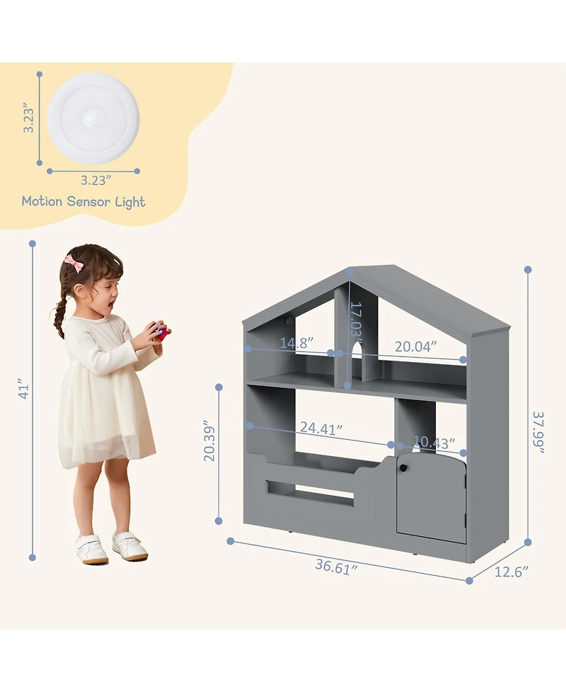 homfan 2-Tier Kids Bookshelf and Toy Storage with Motion Sensor Light, 36.6" Wide Wooden Bookcase for Nursery, Playroom Bedroom