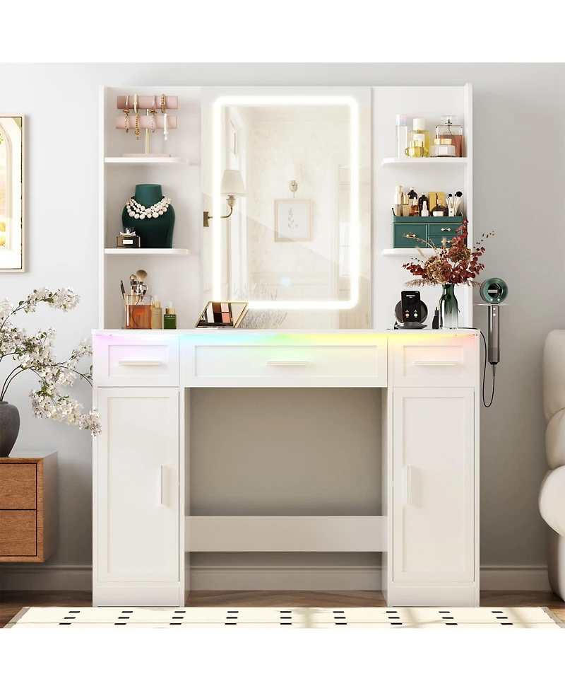 Aheaplus Vanity Desk with Mirror, Farmhouse Rgb Lights and 3 Drawers