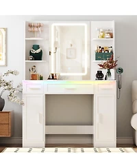 Aheaplus Vanity Desk with Mirror, Farmhouse Rgb Lights and 3 Drawers
