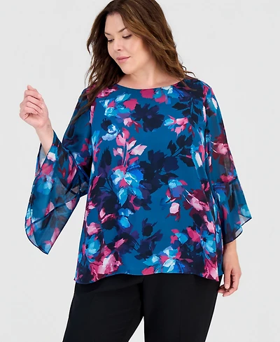 Kasper Plus Boat-Neck Ruffle-Sleeve Blouse