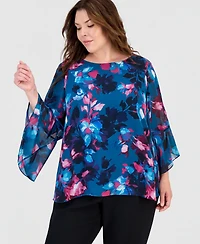 Kasper Plus Boat-Neck Ruffle-Sleeve Blouse