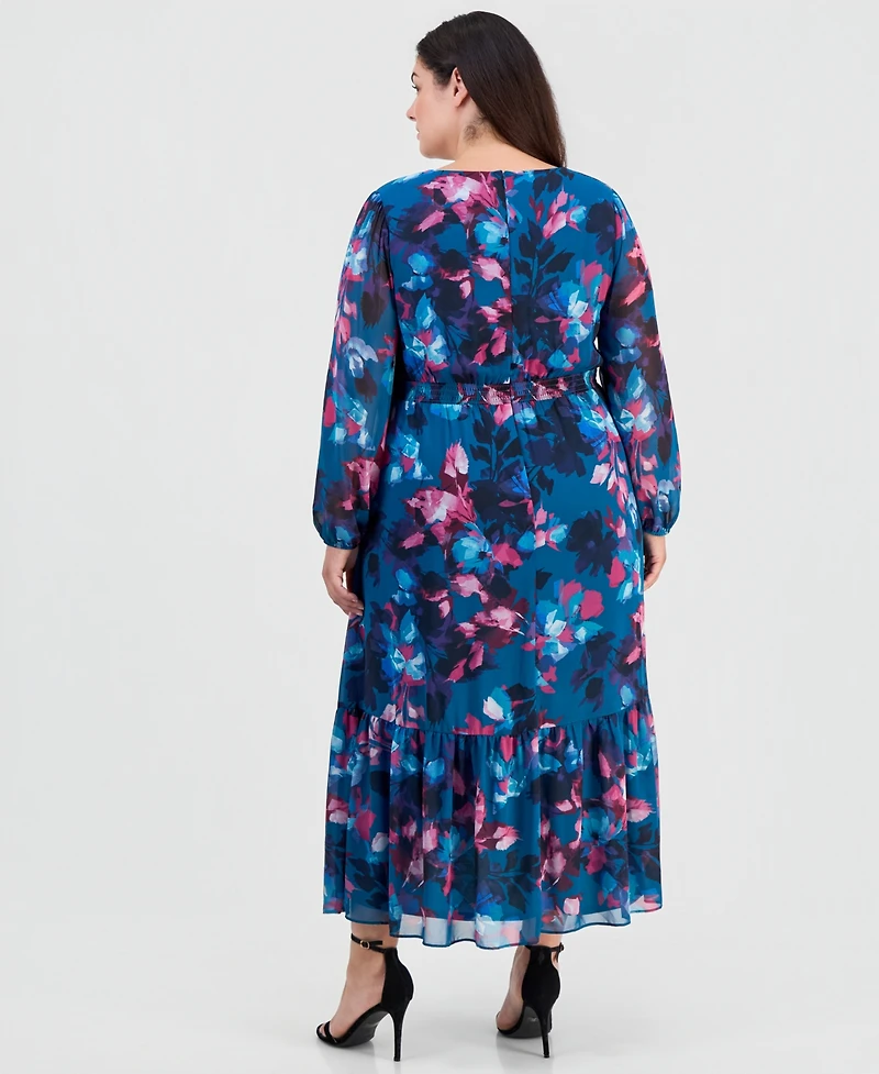 Kasper Plus Smocked-Back Balloon-Sleeve Dress