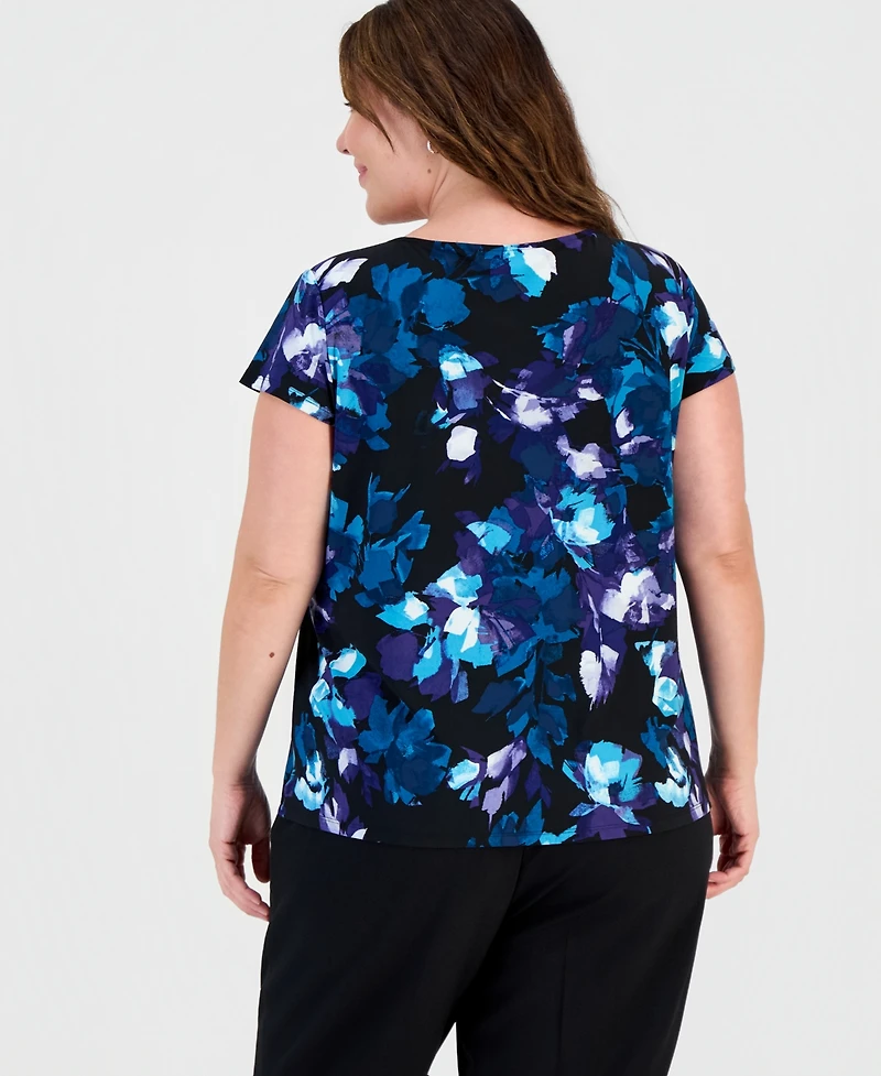 Kasper Plus Printed Cowl-Neck Cap-Sleeve Top